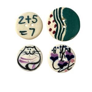4 Vintage Ceramic Artists Buttons 90s 2 Hole Button Collectible Clay